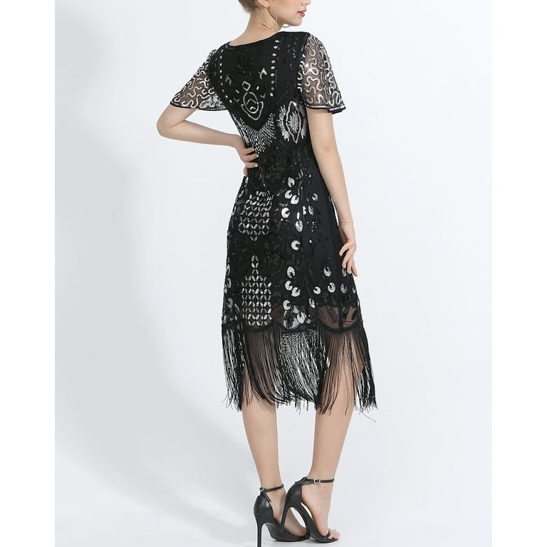 Flapper Dress With Sleeves Art Deco Flapper Dress Fringe Flapper Long Gown  1920S Burgundy & Black Sequin Cocktail . - Walmart.com