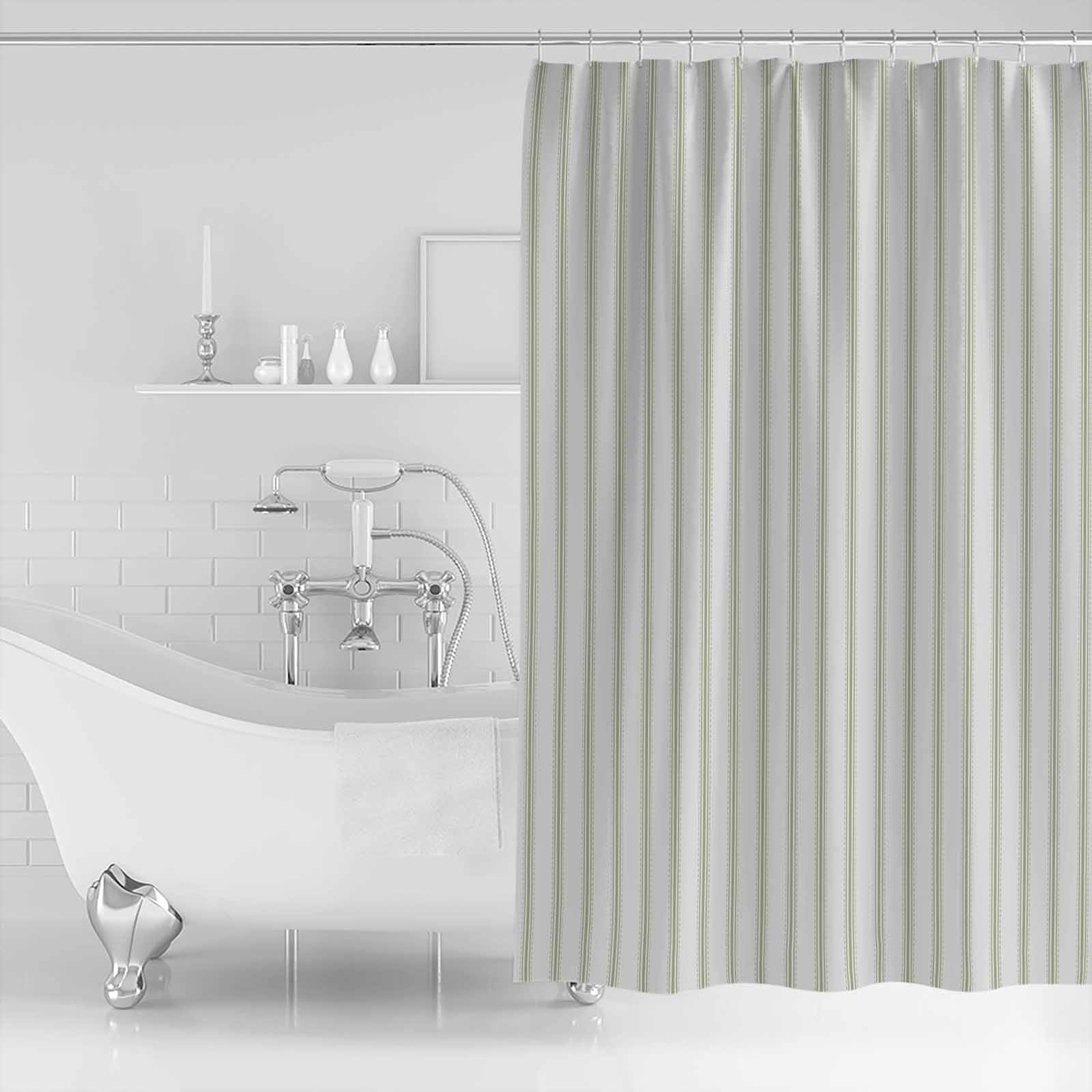 Extra Long Shower Curtain 72x96 Inch, Sage Green Striped Shower Curtain Waterproof Bathroom Decor Sage Green White Stripes Farmhouse Fabric Bath Curtain Set Accessories with Hooks