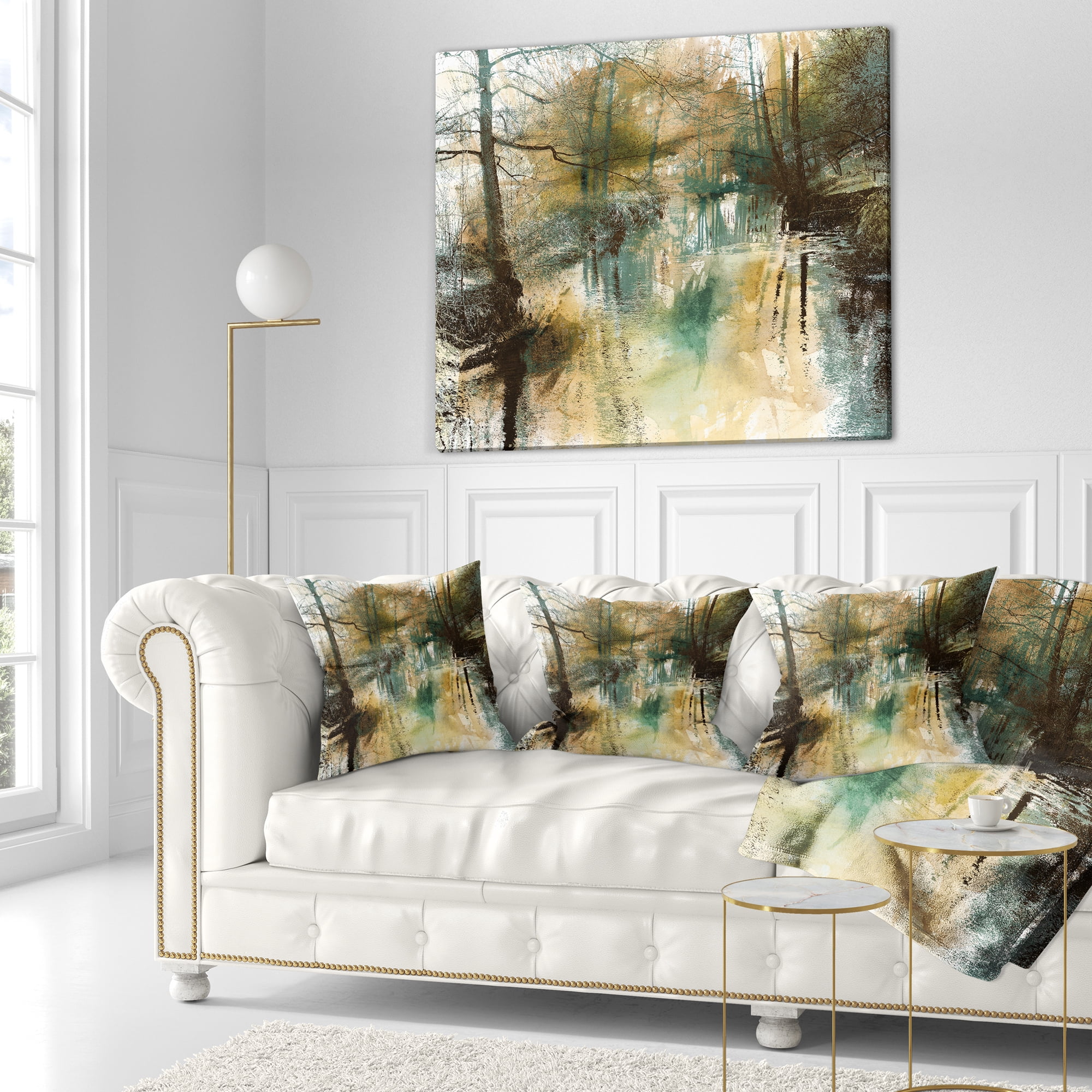 Designart River and Trees Oil Painting - Landscape Painting Throw Pillow - 16x16