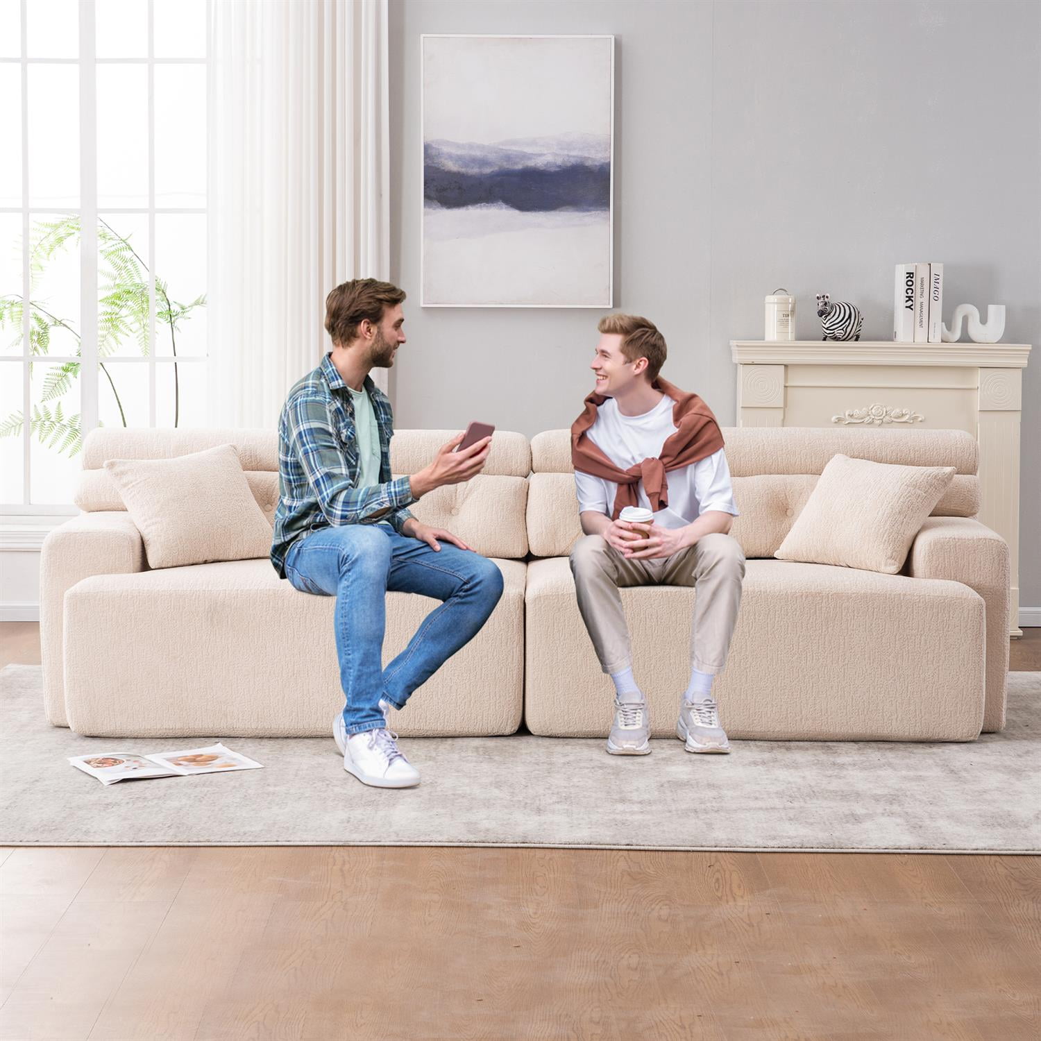 Demi Bonn 103" 4-Seater Compression Sofa Couch with Wood Grain Chenille Fabric, Full Sponge Cushion and 2 Cozy Pillows for Living Room, Beige