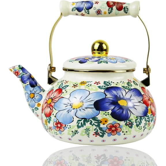 CZQ Blue Floral Enamel Tea Kettle Vintage Gold Beige Teapot Blue Floral Boho Hot Water Coffee Kettle Pot 2.5L Porcelain Tea Pot with Ceramic Handle for Stovetop Kitchen Home Decor