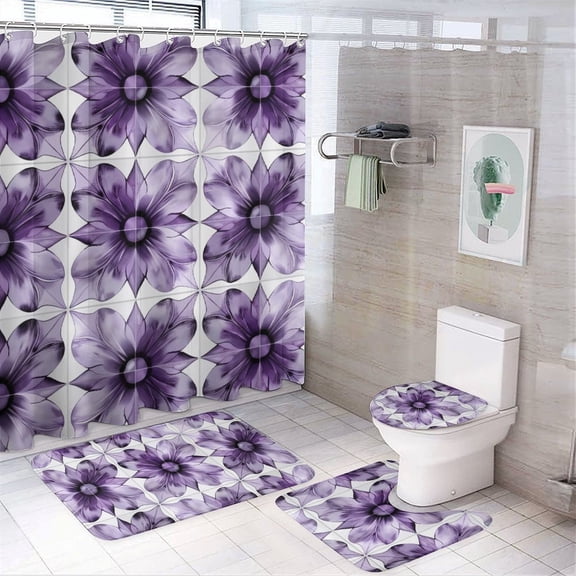 Purple Flower 4 Pcs Bathroom Shower Curtain Set, Bathroom Sets with Rugs (Bath Mat, U Shape and Toilet Lid Cover Mat) and 12 Hooks,