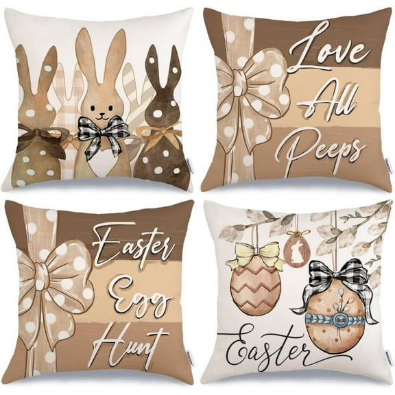 Happy Easter Pillow Covers 18x18 Inch Set of 4, Rabbits Bunny Easter Egg Hunt Love All Peeps Striped Farmhouse Decorative Throw Pillowcases for Home Sofa Couch Decoration G494-18