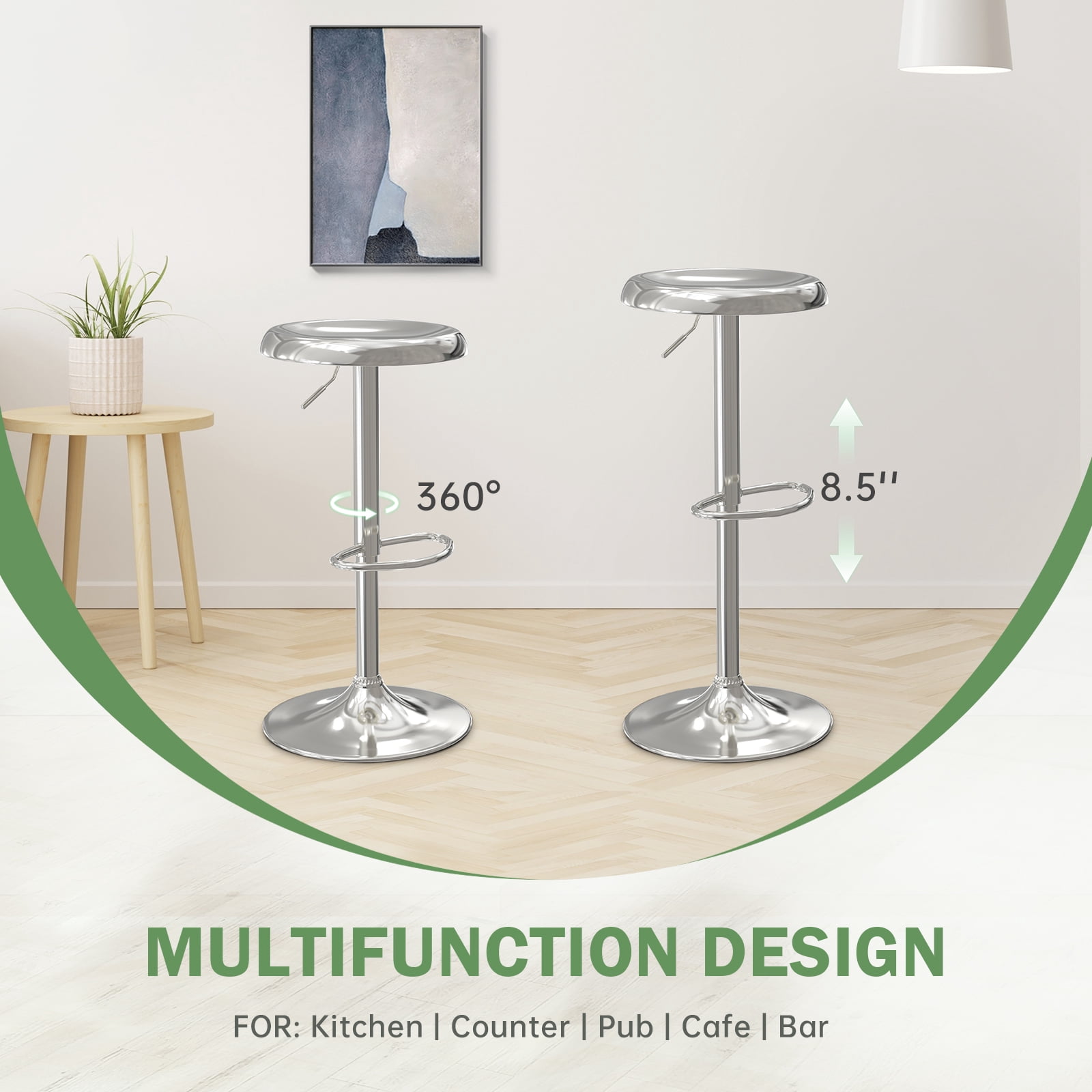 Metal Bar Stools Set of 2, Counter Height Adjustable Barstools, Backless 360° Swivel Kitchen Stools for Island, Dining, Bistro, Pub (Sliver)