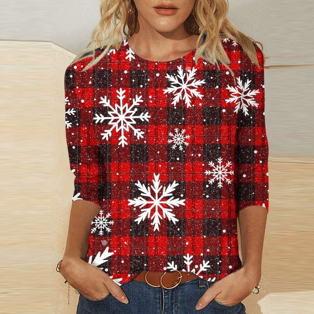 Puntoco Camiseta de mujer con cuello redondo, manga 3/4 y estampado navideño, jersey de cuello redondo, camiseta de manga larga con cuello redondo