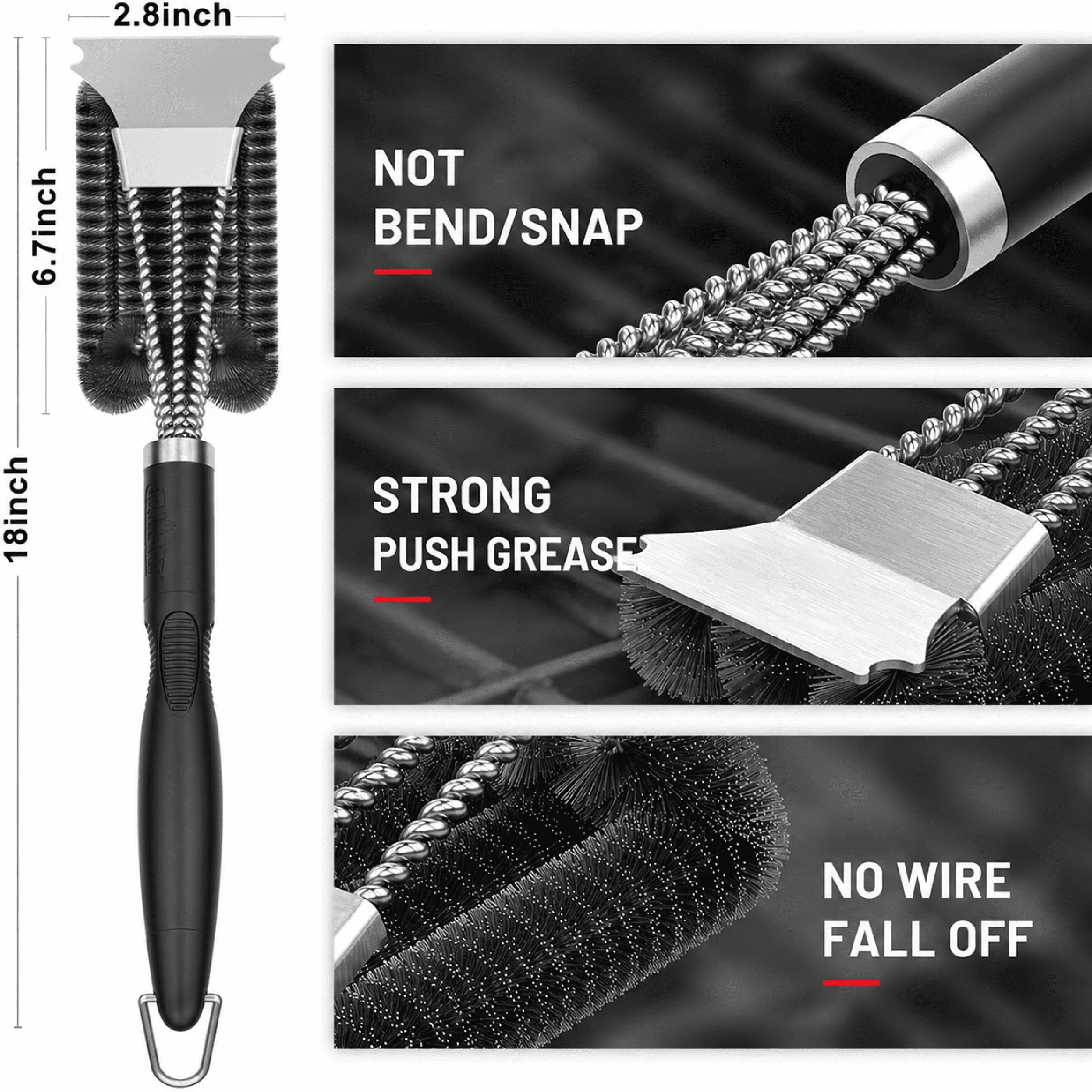 Grill Brush with Scraper, Triple Bristle BBQ Cleaner for Gas & Charcoal Grates