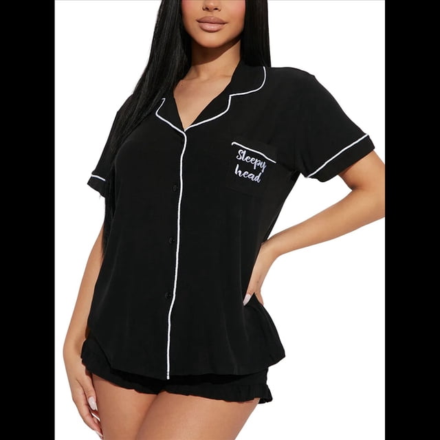 Conjuntos de Pijama para Mujer, Pijamas Suaves de Corta con Botones, Conjuntos de Pijama de Verano Negro S