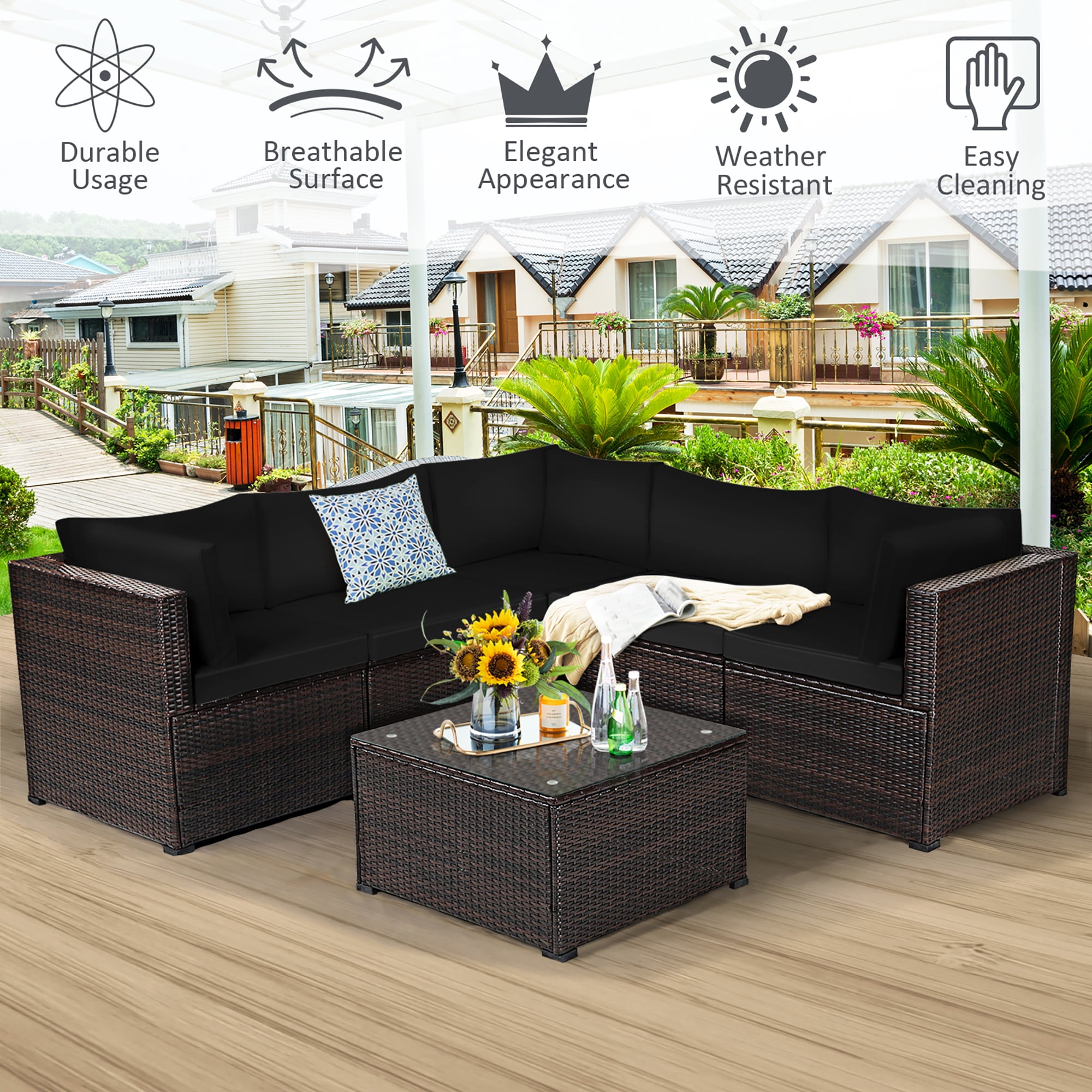 Costway  6PCS Patio Rattan Furniture Set Sectional Cushioned Sofa Deck Black