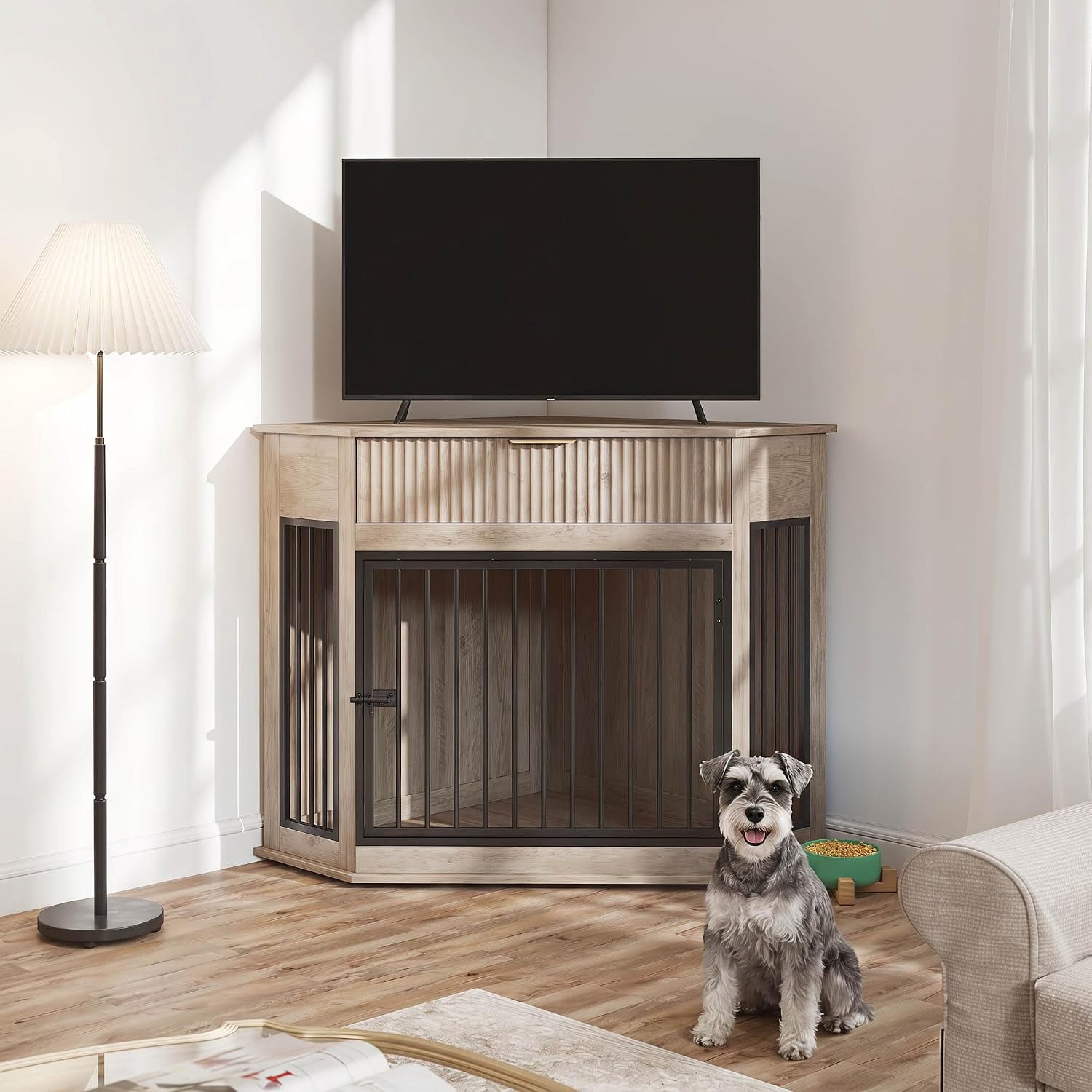44.6" Corner MDF Dog Crate Furniture, Dog Kennel End Table with Fluted Drawer Storage, Grey Oak for Small/Medium Dogs Indoor