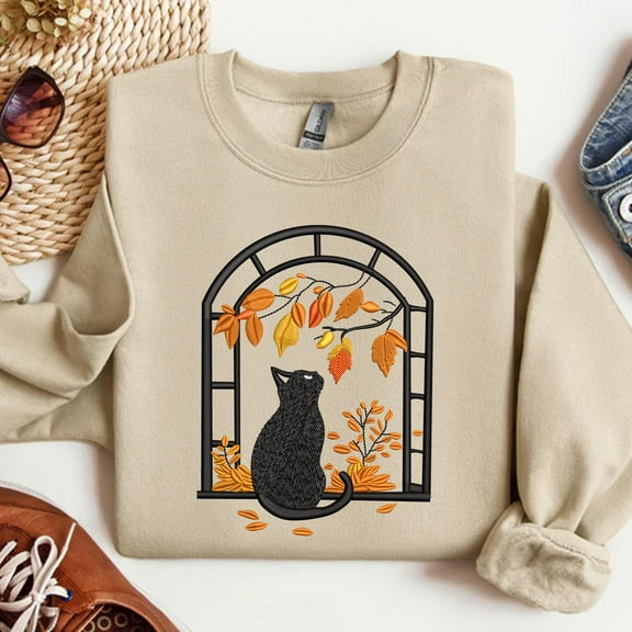 Autumn Black Cat Embroidery Sweatshirt, Fall Leaves Embroidered Shirt, Thanksgiving Hoodie, Cozy Season Gift, Halloween Gift