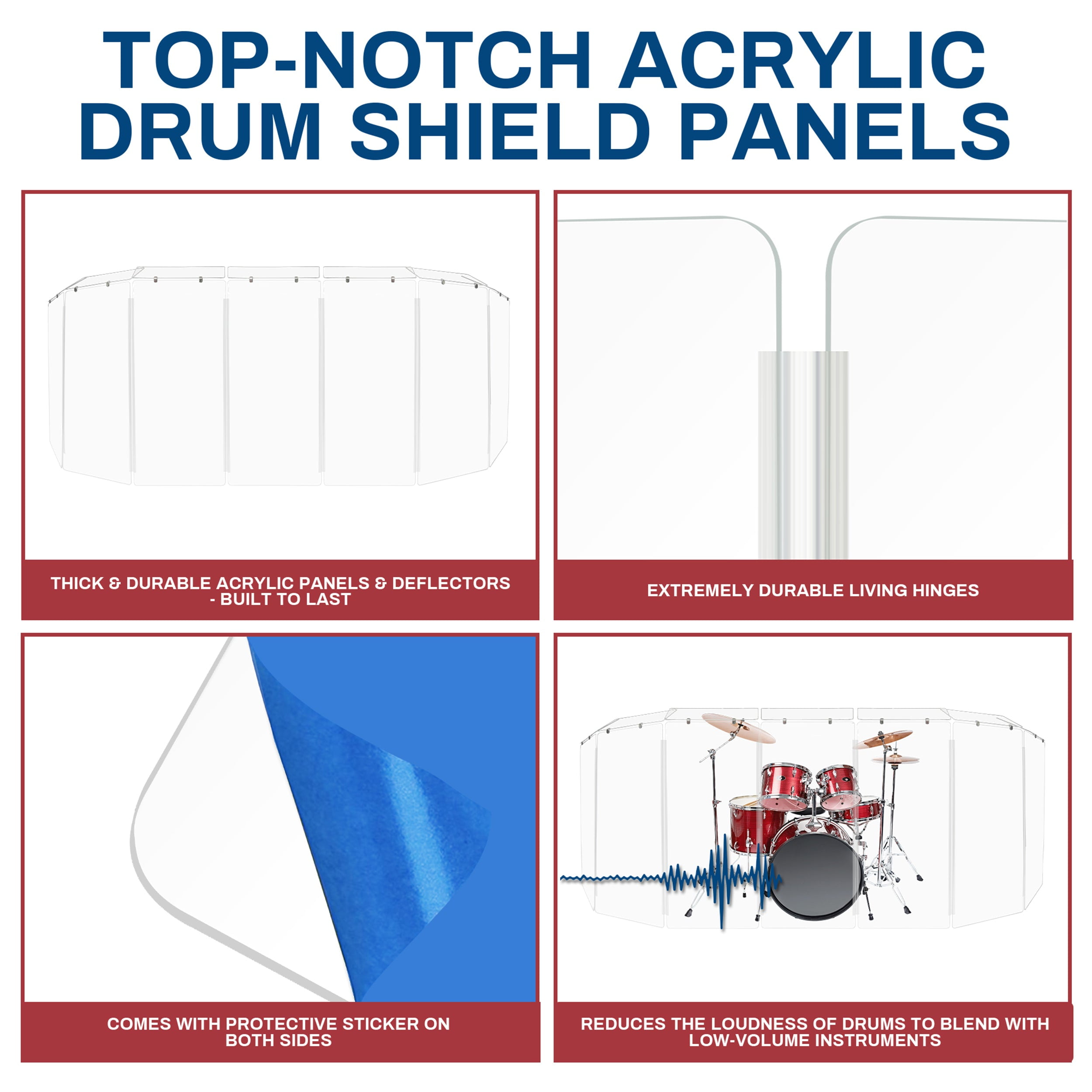 PENNZONI Drum Shield w/ Living Hinges & Deflectors, Comes with 5 Panels, 4 ft Clear Acrylic Panels