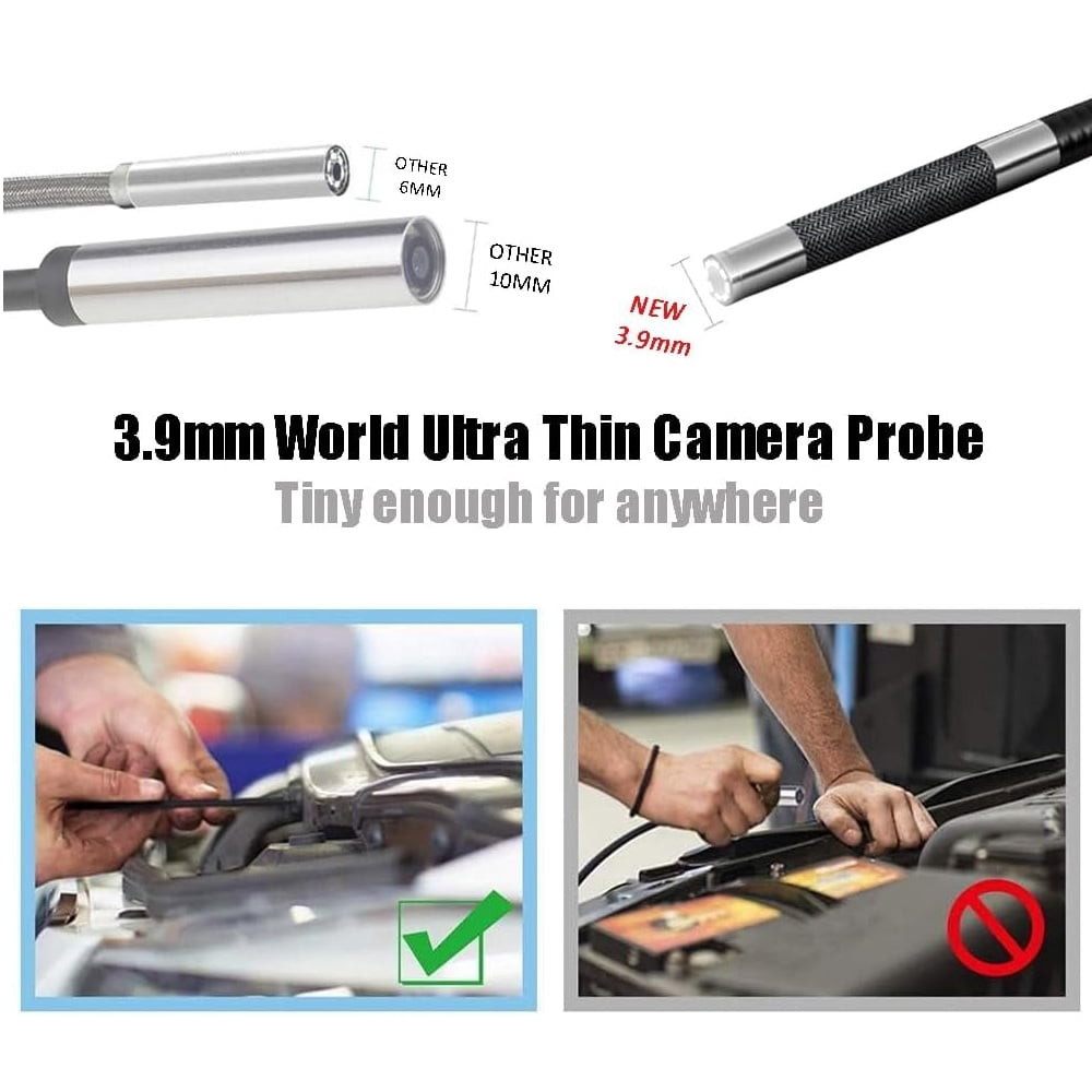 0.15in (3.9mm) Ultra-Thin Two-Way Articulating Turnable Borescope with Dimmable Light, Flexible Cable, Screen Rotation, Waterproof Probe, 3-Step Zoom
