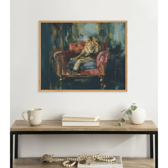 Kate and Laurel Lion Portrait in Rich Jewel Tones Framed Wall Art by The Creative Bunch Studio, 20x16 Natural, Classic Majestic Lion Art for Wall