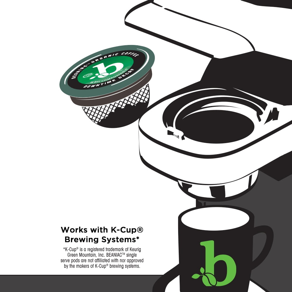 Beaniac Organic Downtime Decaf Swiss Water Decaffeinated Medium Roast Coffee Pods, 30 Count