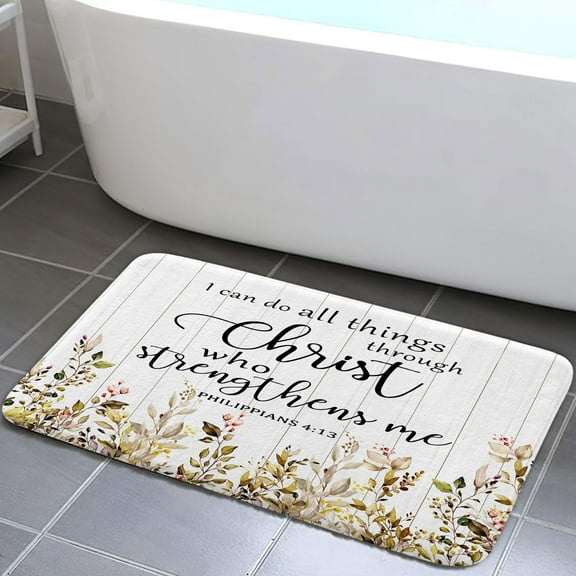 Bathroom Rugs 17x29 Inch - Yellow Eucalyptus Leaves Farmhouse Mat with Inspirational Quotes, Absorbent Non-Slip Backing for Shower Bath Kitchen Floor