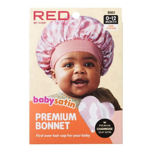 Red by Kiss Baby Satin Bonnet Sleep Cap for Infants,Soft, Stretchy, and Safe, Protects Baby Hair from Frizz & Breakage, Friction Bald Spots (Pink Leopard, 6-18M)