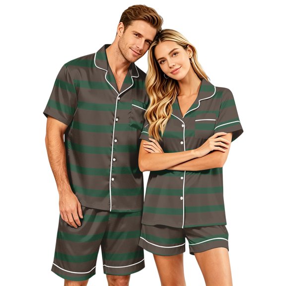 Matching Pajamas for Couples, Womens Loose Satin Short Sleeve Pjs Button Down Top & Bottom Soft Daily Sleepwear