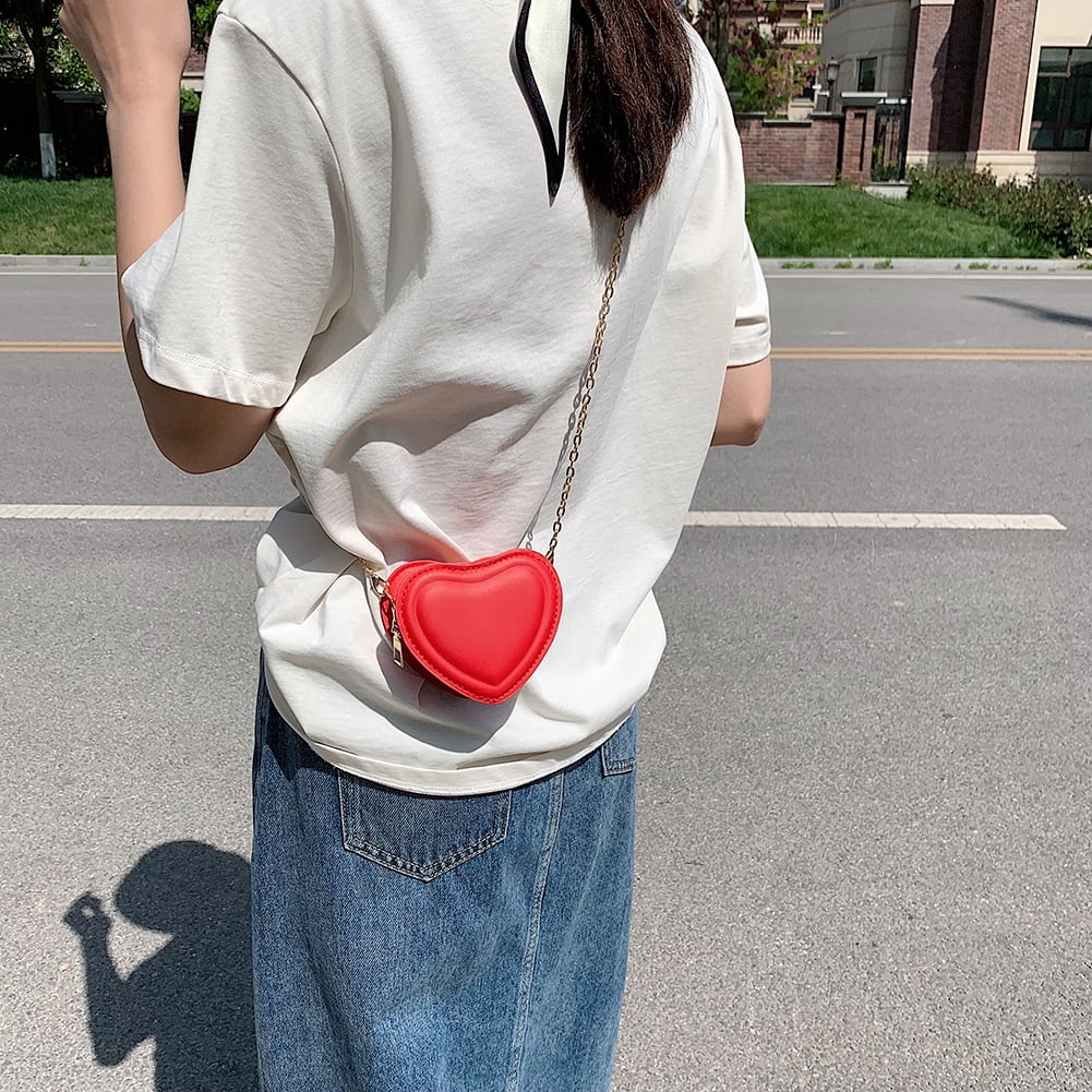 Yucurem Mini Heart Shaped Leather Crossbody Bag, Women Pure Color Chain Handbags  Purse for Girl Gift (Silver) 