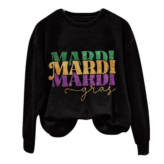 Moxiu Mardi Gras Sweatshirt Women Funny Carnival Themed Mask Graphic Shirt Orleans Festival Crewneck Pullover Casual Long Sleeve Tops 2025 Black,L