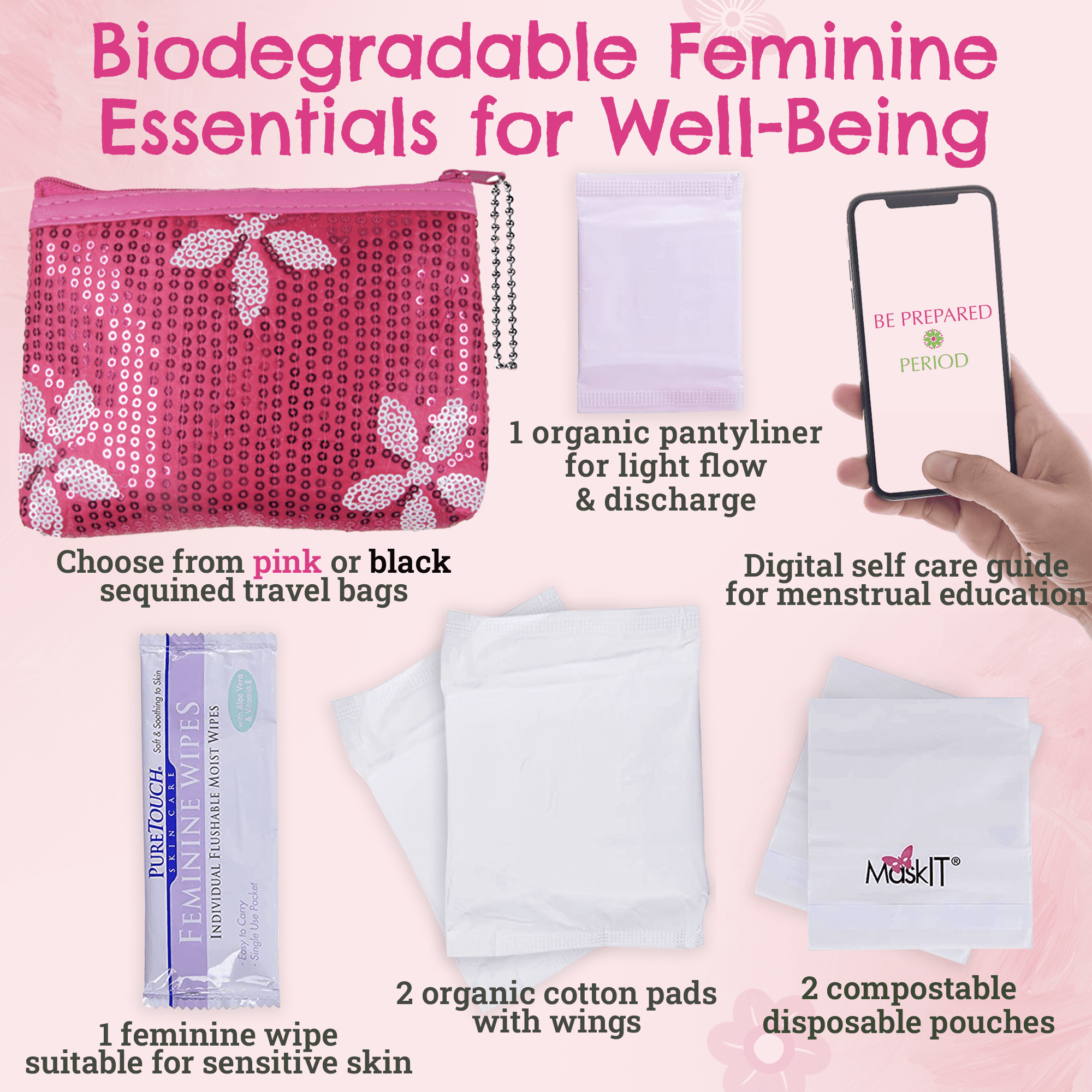 Be Prepared Period First Period Kit for Girls - Feminine Pads & Liner  (Pink 2pk)