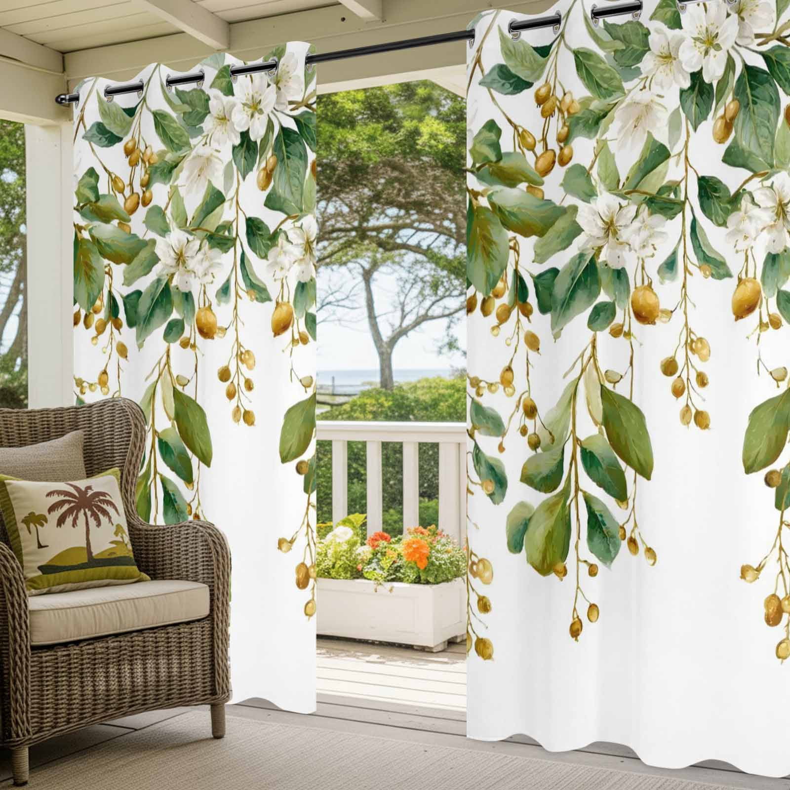White Floral Vine Outdoor Curtains for Patio, Pastoral Flower Hanging Buds Leaves Botanical Sunshade Privacy Drapes Grommet Waterproof Outside Curtains for Porch/Cabana/Balcony 54"x 108", 1 Panel