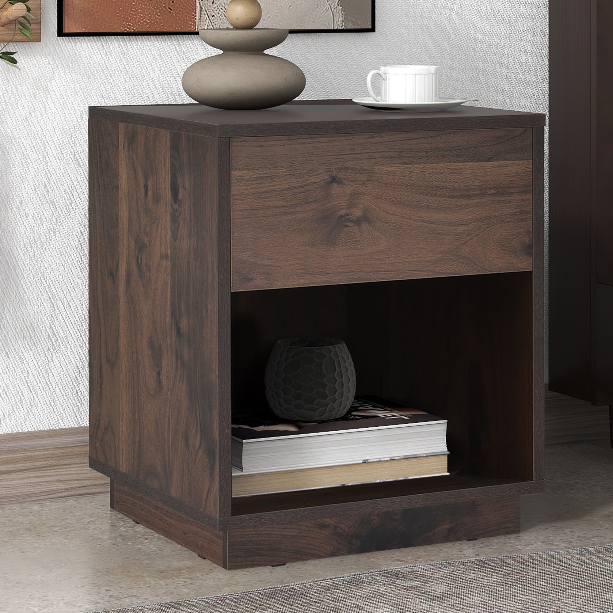 Highsound MidCentury Modern End Table with Drawer, Dark Brown