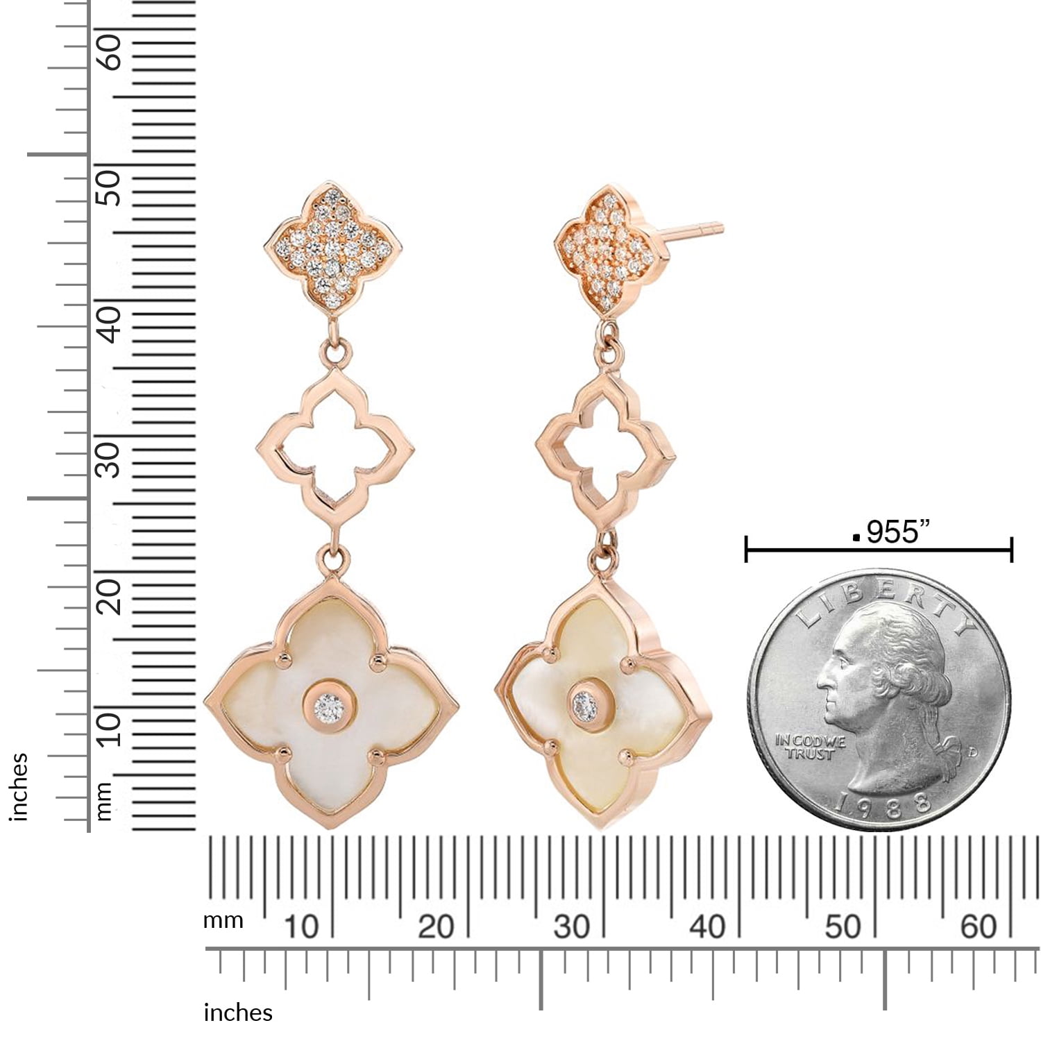 Mother of Pearl and Cubic Zirconia Three Flower Drop Dangle Earrings in 925 Sterling Silver with Rose Gold Plating Friction Back by Lavari Jewelers