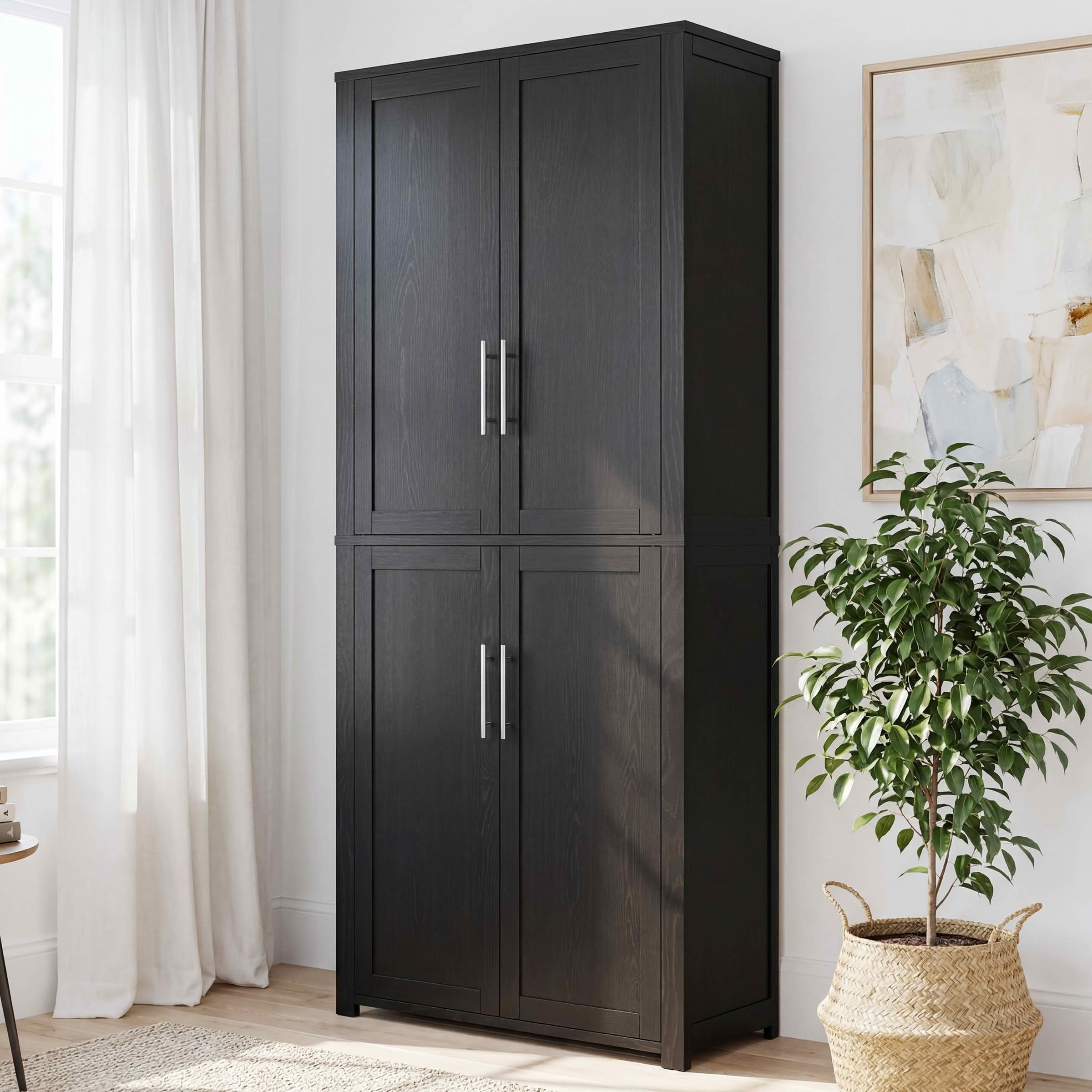MAYEERTY 67x28x15 Inch Black Wood Grain 4-Door Storage Cabinet with Solid Wood Door