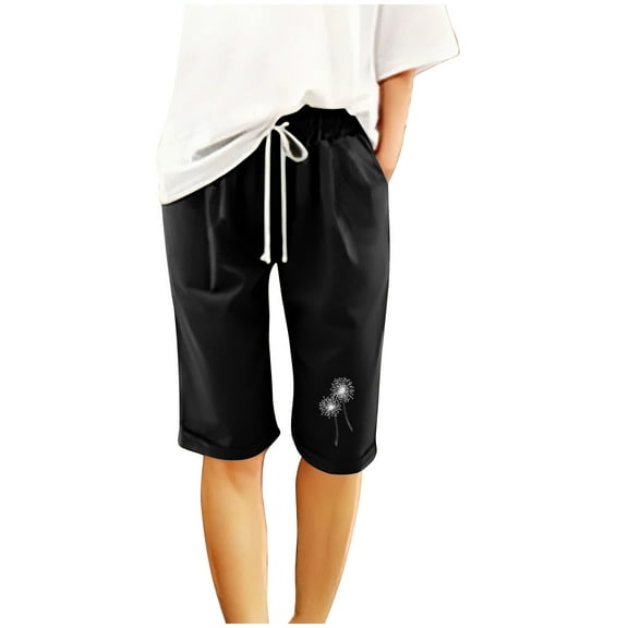 Zkozptok Women's Elastic Tie Print Shorts High Waist Straight Wide Leg Summer Casual Loose Pants with Pockets