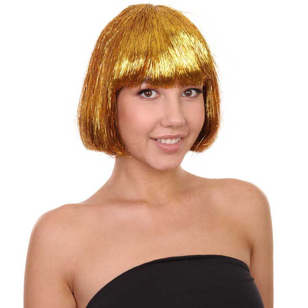 HPO Adult Women's Gold Tinsel Bob Wig | Breathable Capless Costume Hair | Festival & Party Wig