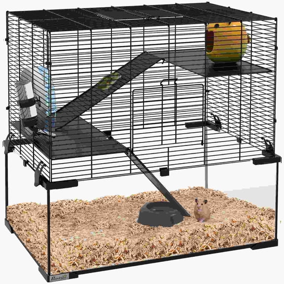 Syrian Hamster Cage 23.5 with Glass Basin, Ramps, Platforms, Exercise Wheel for Small Pets, Black Steel Wire