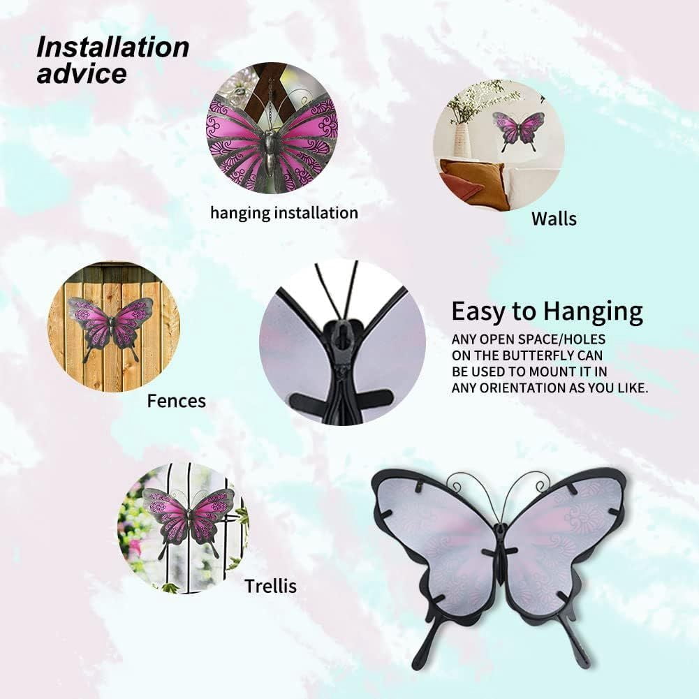 Metal Butterfly Wall Decor 12 Inch Glass Butterfly Outdoor Hanging Garden Decor For Yard Fence Patio Dark Pink