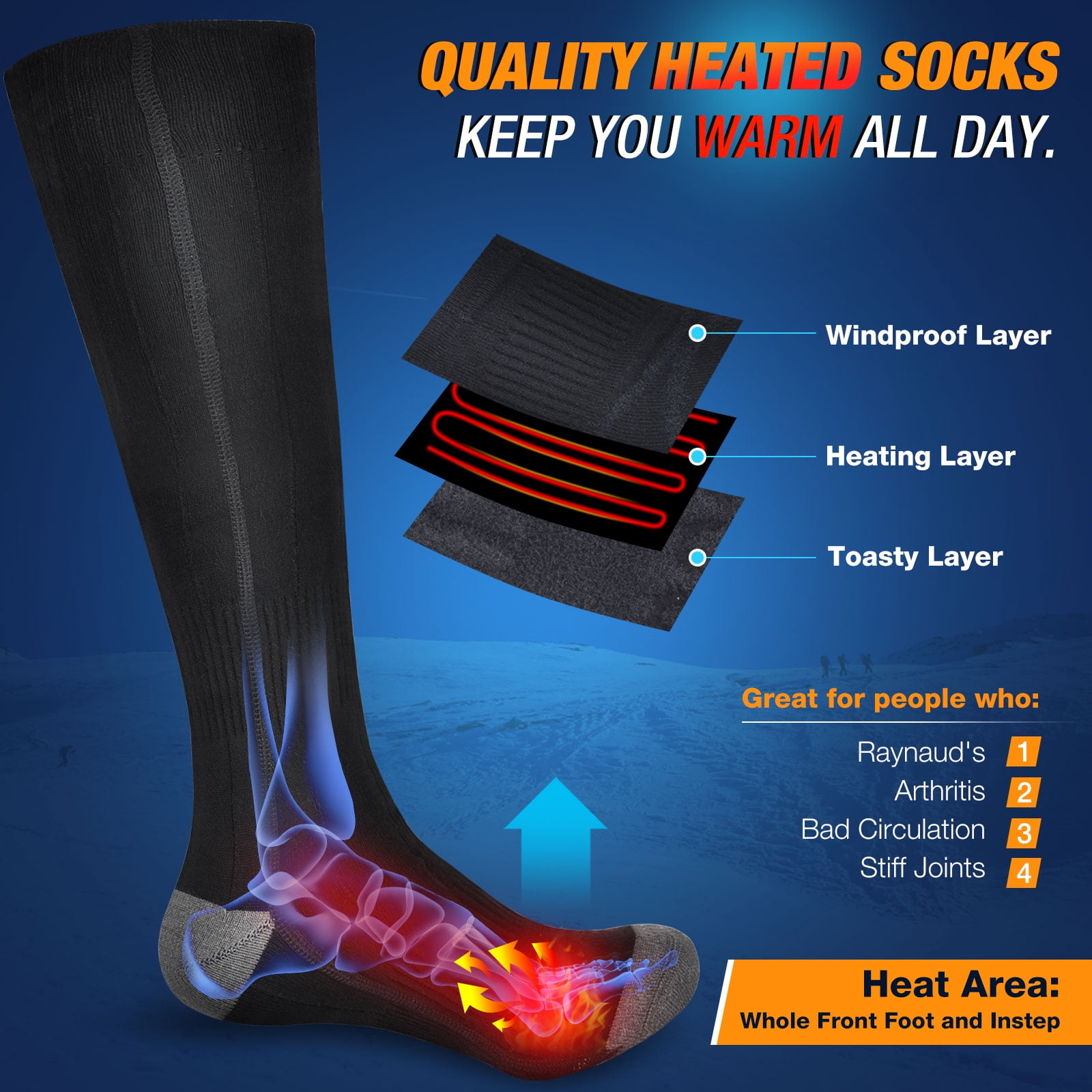 Heated Socks for Men Women, Electric Rechargeable Battery Heating Socks Washable Foot Warmer Thermal Socks Full Foot Heat for Hunting Fishing Camping Hiking Ski with 3 Heating Settings (Black L)