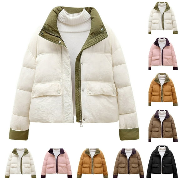 FRSASU Womens Winter Jackets Standing Collar Thick Warm Short Cotton Coat Casual Outdoor Jacket White