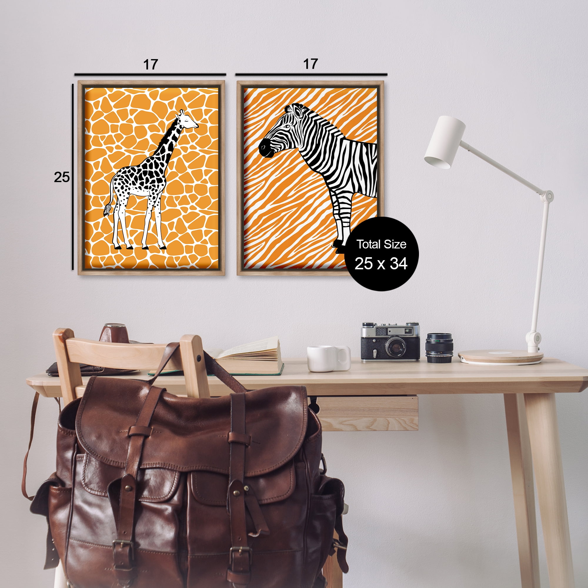 Stupell Industries Jungle Animals on Orange Animals Painting Brown Floater Framed Canvas Art Print Wall Art, 17 x 25, Set of 2