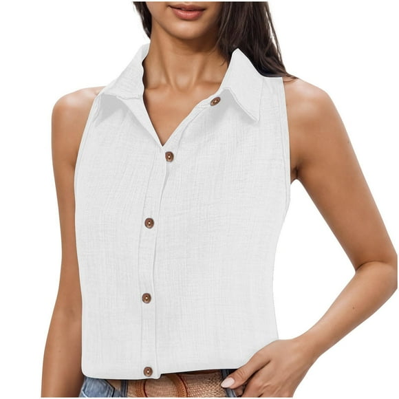 asjyhkr Débardeurs Boutonnés pour Femmes Sans Manches Col à Revers Chemises Débardeurs Été Travail Tenue de Bureau Décontractée Chemise en Lin Blouses