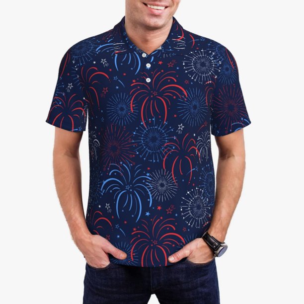 Fotbe Firework Camiseta Polo de Golf para Hombre con Estampado – Camisa Deportiva Transpirable con Cuello Abotonado-X-Large
