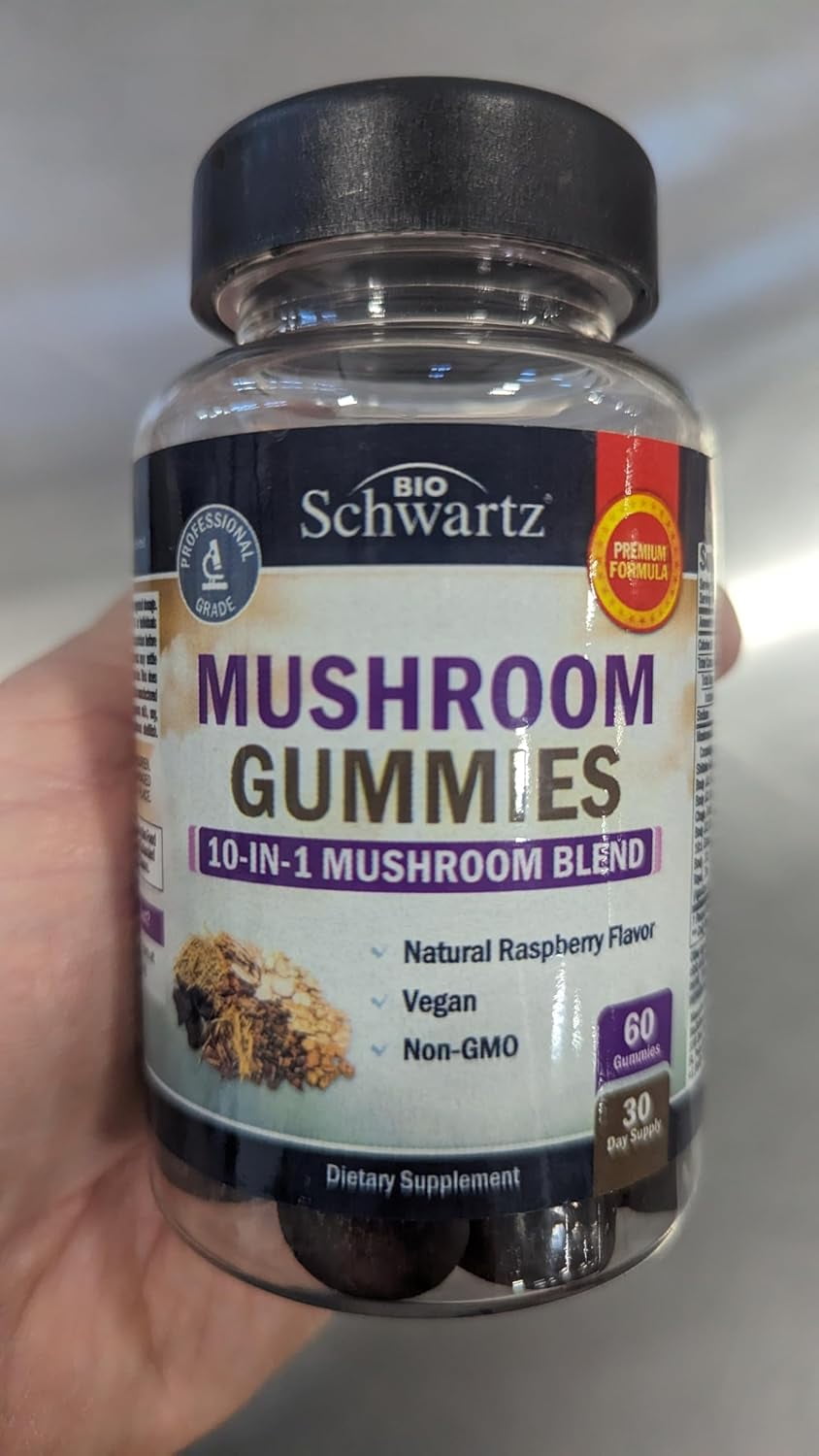 BioSchwartz 10-in-1 Mushroom Gummies, Herbal Supplement for Mood and Focus, Raspberry, 60 Count