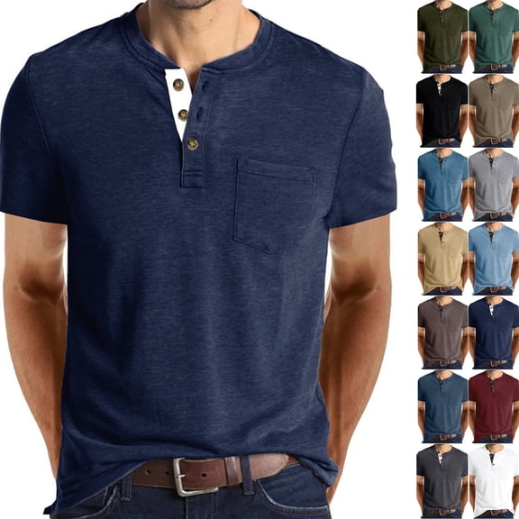 Men's Henley Shirts Casual Short Sleeve Button T-Shirt with Pocket Royal Blue 3XL