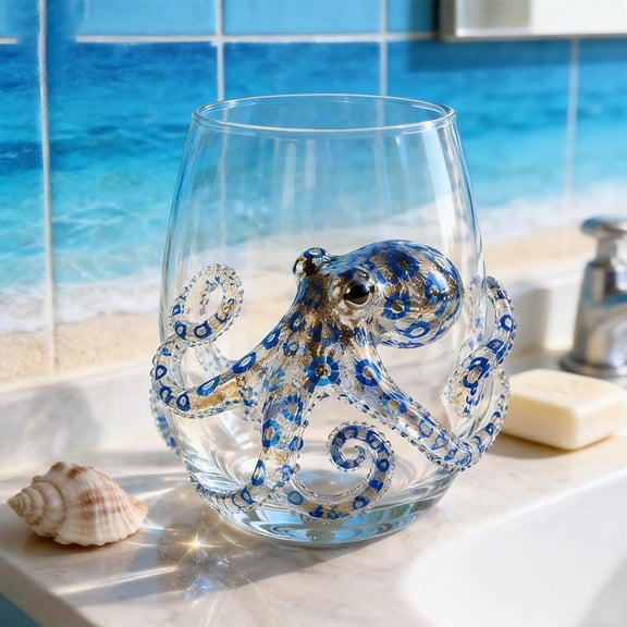 Artisanal Blue Ringed Octopus Glassware, 3D Ocean Animal Artisan Glassware Collection for Fresher Sips, Novelty Ocean Drinking Glass for Cocktails, Gift for Lovers