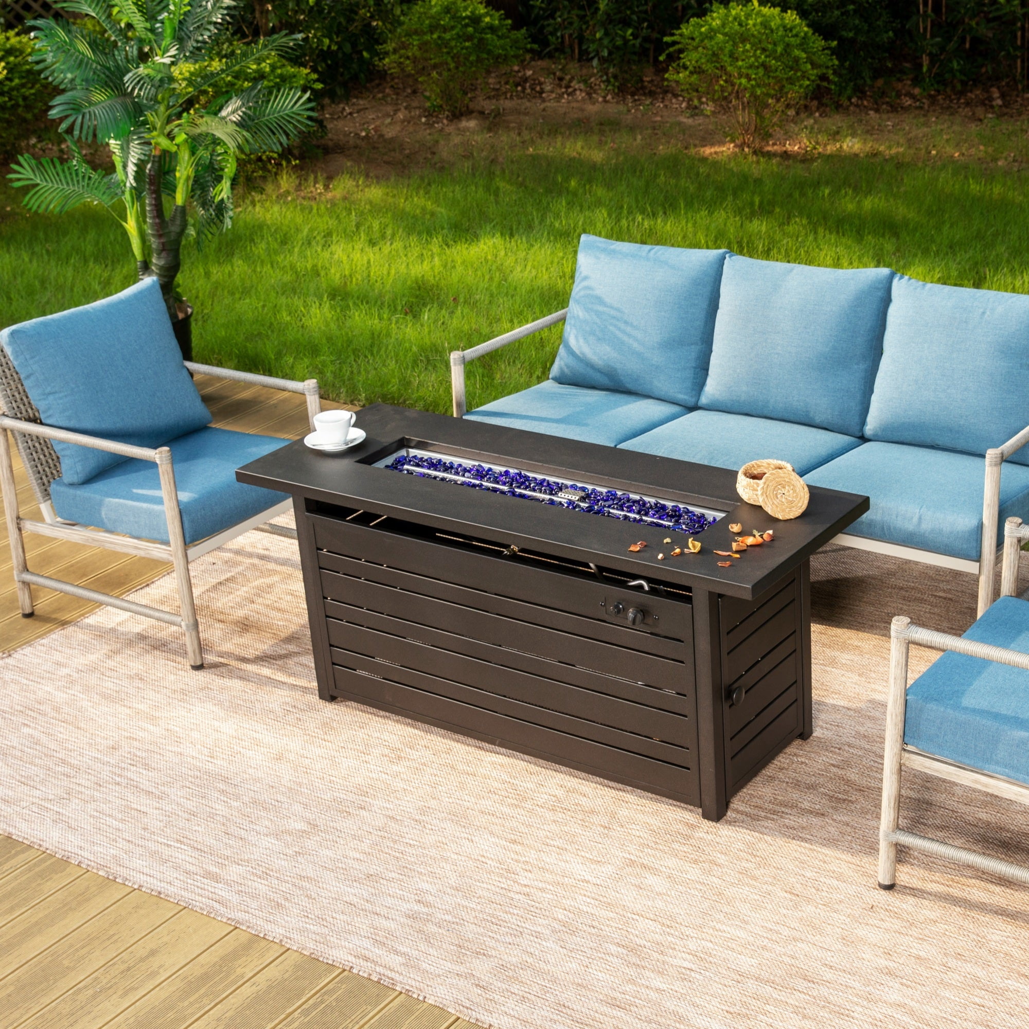 SUMMIT LIVING 56" Rectangular Propane Fire Pit Table, 50,000 BTU Gas Fire Pit with Lid and Blue Fire Glass, Black