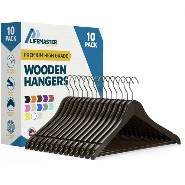 Perchas de Madera Lifemaster con Gancho Giratorio 360° y Soporte para 10 kg, Color Negro
