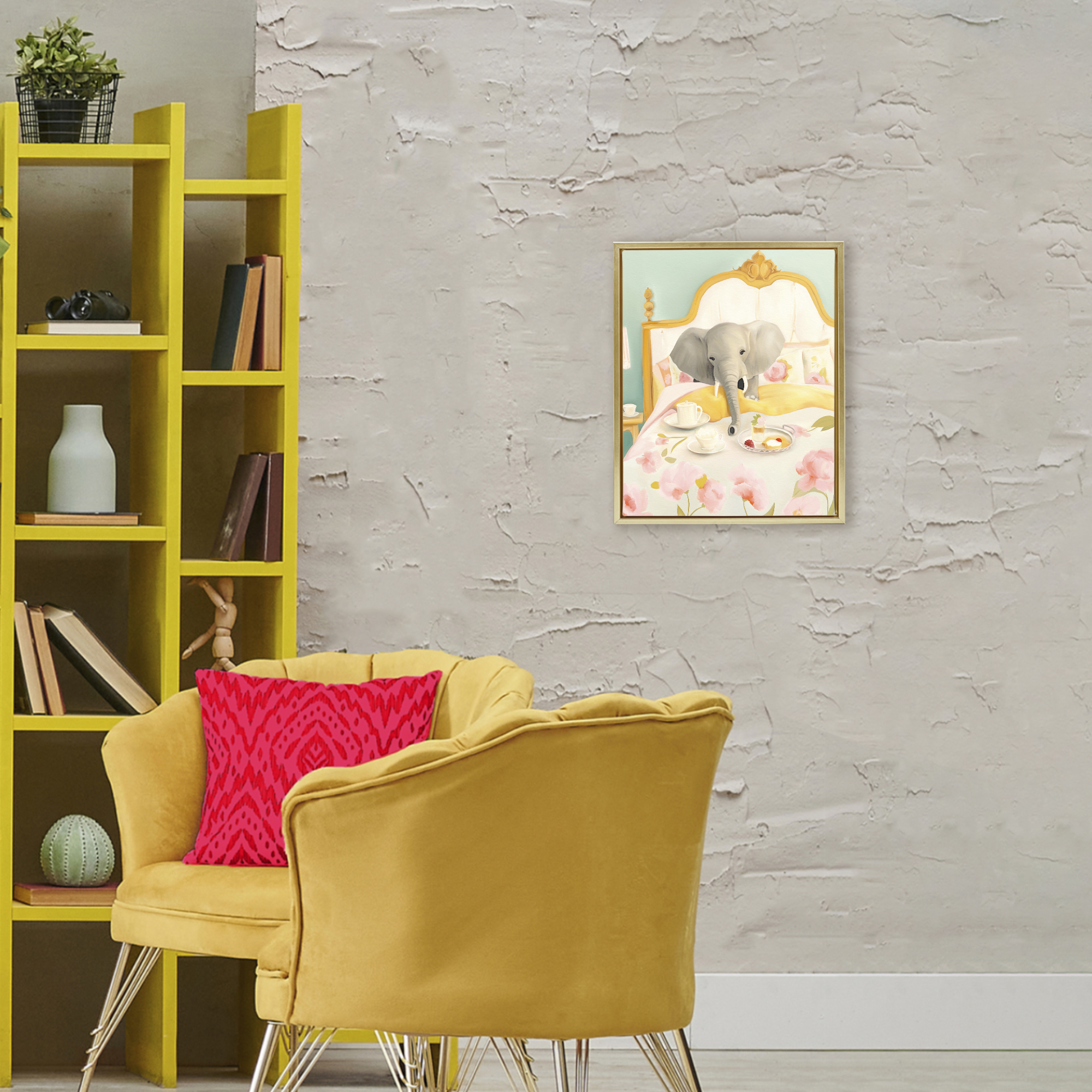 Breakfast in Bed Elephant Gold Framed Floater Canvas Wall Art, design by Leah Straatsma