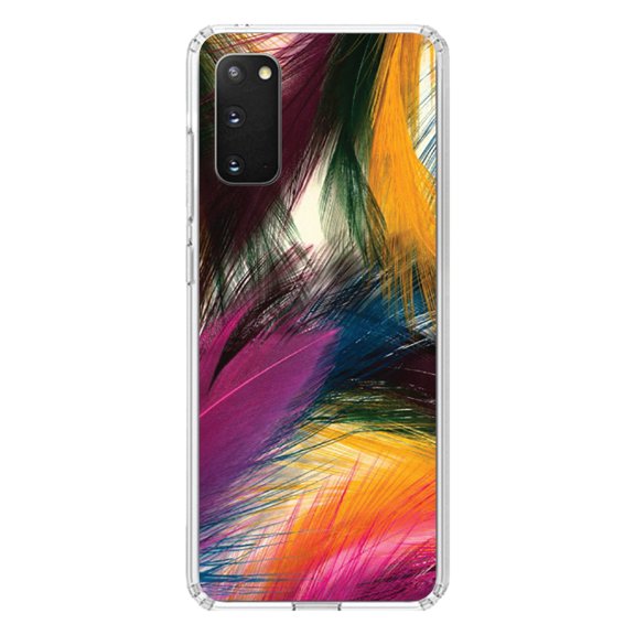 DistinctInk Clear Shockproof Hybrid Case for Galaxy S20 PLUS / 5G (6.7" Screen) - TPU Bumper, Acrylic Back, Tempered Glass Screen Protector - Multi Color Feathers