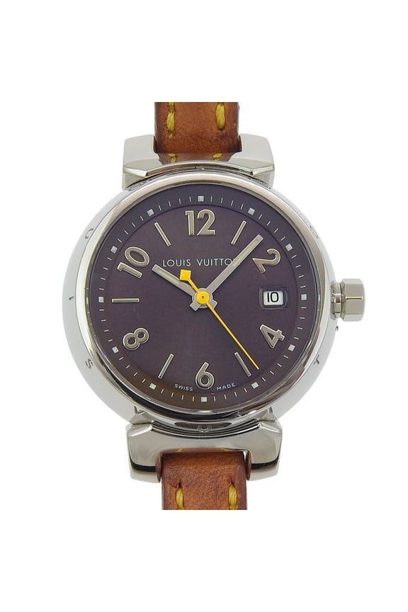 Pre-Owned Louis Vuitton Tambour Watch Q1211, Stainless Steel and Leather Quartz Movement,...