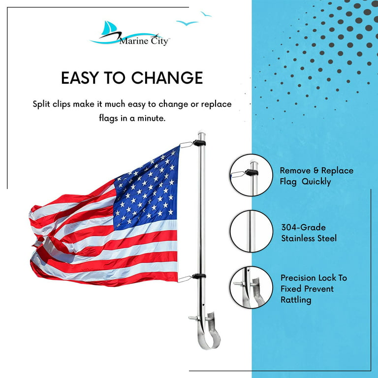 Marine City Stainless-Steel Adjustable Clamps Rail Mount Flag Staff Pole/Rod for Boat, Kayak