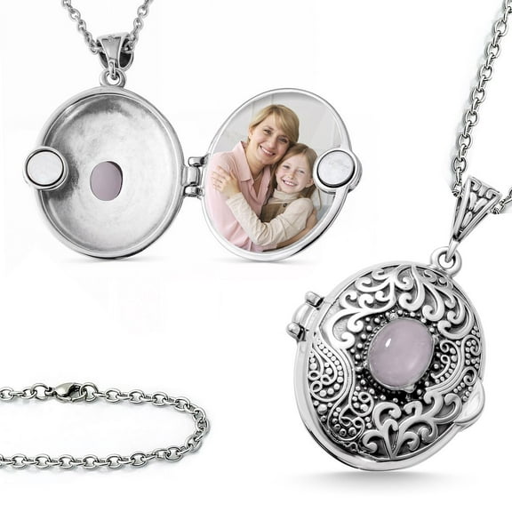 Rose Quartz Stainless Steel Necklace for Women Picture Locket Jewelry Size 24" Ct 0.82 Birthday Christmas Gifts for Women