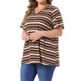 thumbnail image 4 of Agnes Orinda Women's Plus Size Babydoll Top V Neck Short Sleeve Multi-Color Striped Summer Casual Blouse 3X Brown, 4 of 6