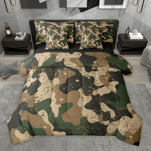 Homewish Retro Camo 7-Piece Twin Bedding Sets,Vintage Camouflage Bedding Comforter Set,Brown Splashing Ink Sheet Sets For Boys Kids,Luxury Bedroom Decor Reversible