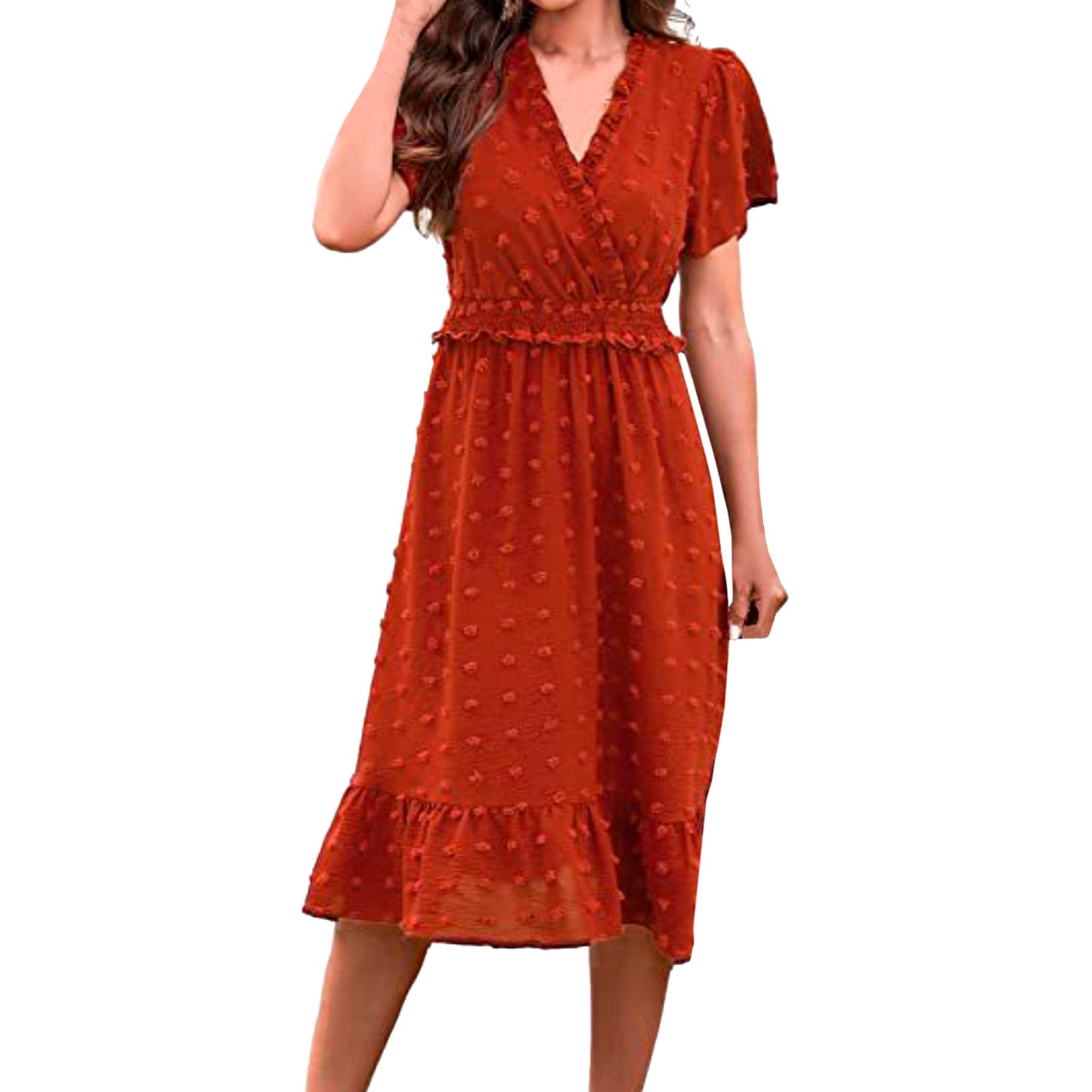 GWAABD Ruched Wrap Dresses for Women Women Elegant Short Sleeve V Neck Dot Midi Summer Dresses